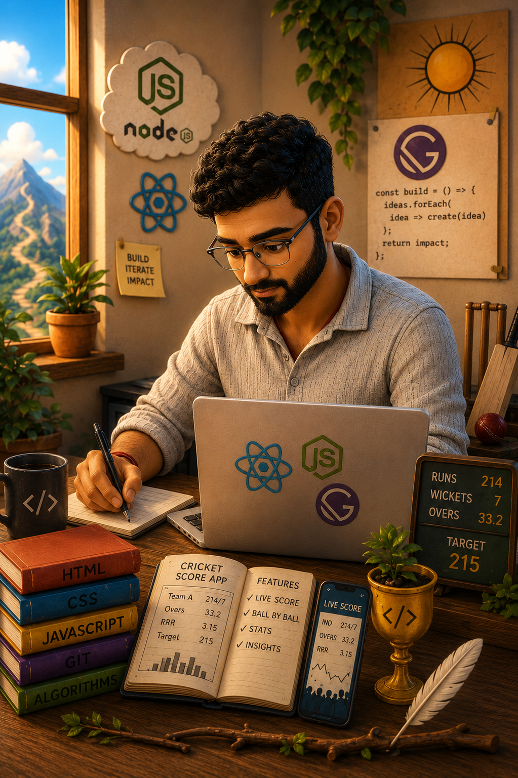 Bharath Bheemireddy at their developer desk — original Pixar-style illustration with React, Node.js, Gatsby books and the 'Build. Iterate. Impact.' motto